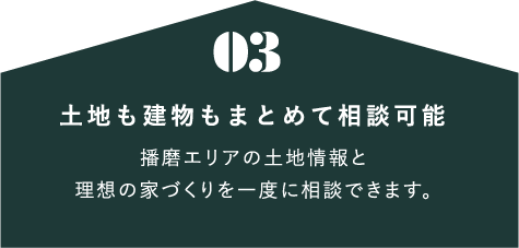 03. 土地も建物もまとめて相談可能 播磨エリアの土地情報と理想の家づくりを一度に相談できます。