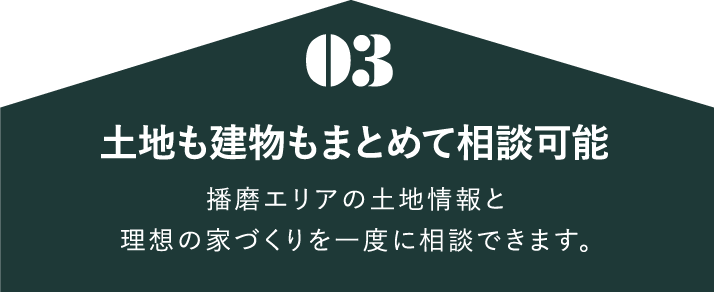 03. 土地も建物もまとめて相談可能 播磨エリアの土地情報と理想の家づくりを一度に相談できます。